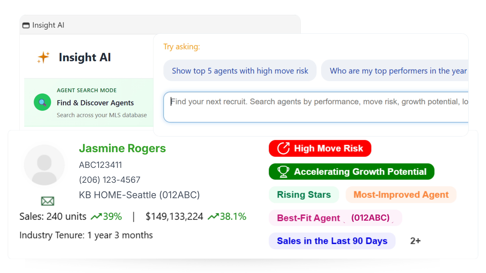 Insight AI agent dashboard showing Move Risk, Growth Potential, and key recruiting insights